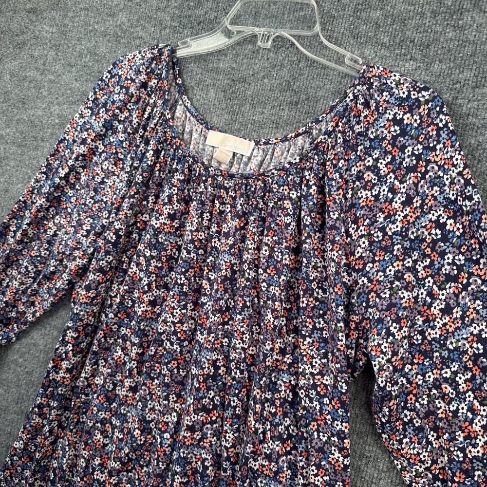 Michael Michael Kors Womens 1X Floral Blouse Navy Blue 3/4 Sleeve Blouson Top
